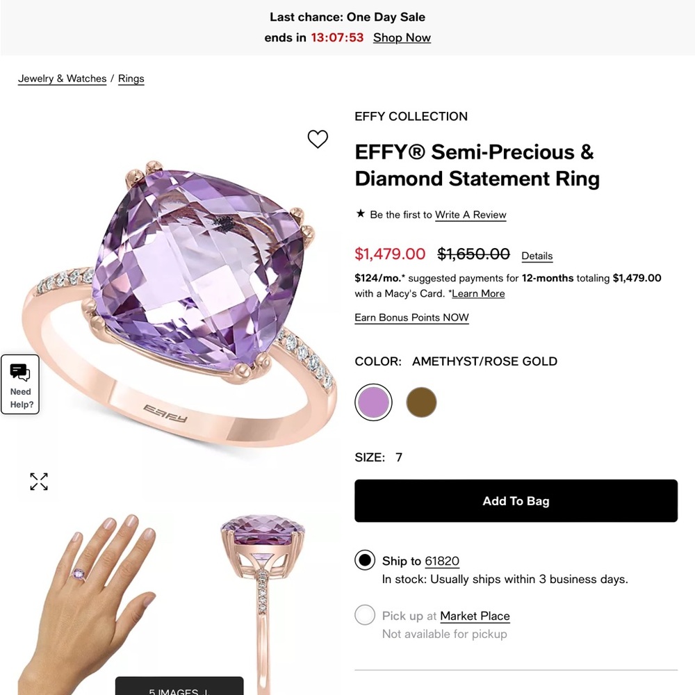 Effy amethyst & diamond ring.